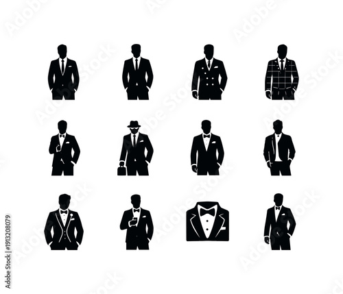 Stylish menswear. Solid icon set of stylish menswear: modern suit cut, slim fit suit, double breasted blazer, checked suit, formalwear