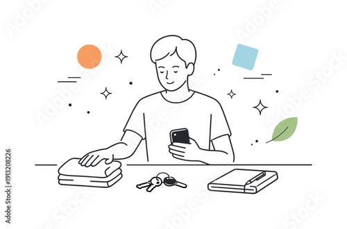 Minimalist lifestyle and decluttering trends. Person calmly sorting a few essential items on a clean table, removing excess objects. Feeling