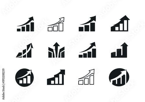 Effective Habit Icons. Building effective work habits. Icon set. Set Logo of Building effective work habits: rising progress bars. harmonious logo variations