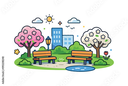 Spring city park a small park scene with benches, fresh grass, and flowering trees creating a calm oasis inside the city. Minimalist flat