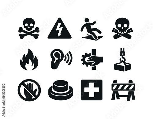 Workplace hazard warnings. Solid icon set of Workplace hazard warnings: danger symbol, electric shock sign, slippery floor icon, toxic