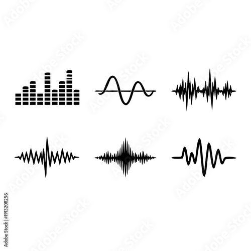 A visual representation of different types of audio waveforms and sound patterns.