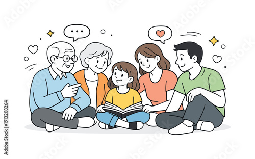 Extended family support. Grandparents and parents spending calm time with a child, sharing stories and gentle interaction. Warm connection,