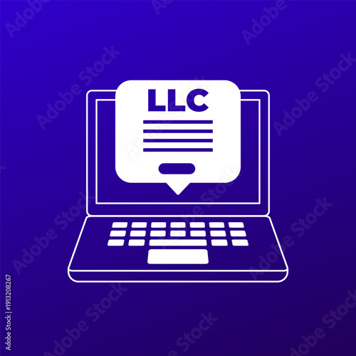 LLC online registration icon, Limited Liability Company vector design with laptop