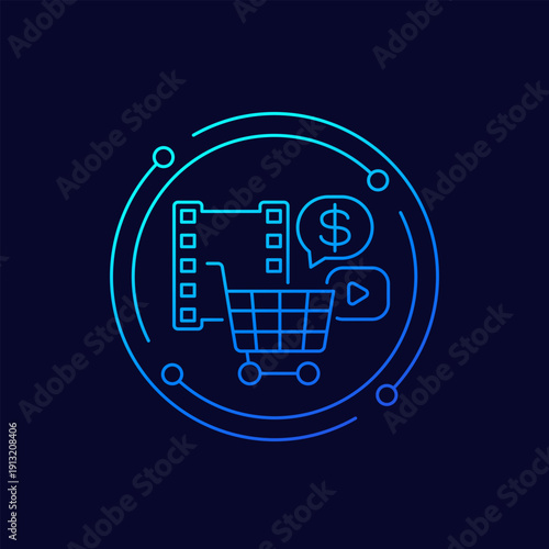 video marketing icon with shopping cart, linear design