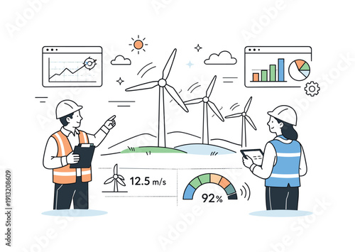 Wind energy testing site. Engineers observing wind turbines in an open landscape, calm weather conditions and data visuals emphasizing