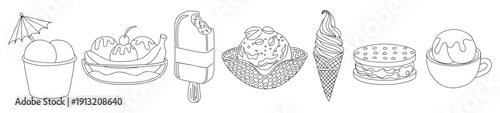 Black and white line illustration of set ice cream treats, including scoops, banana split, popsicle, soft-serve, ice cream sandwich, and waffle bowl, arranged horizontally.