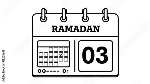 Calendar page illustrating the third day of Ramadan with a simple line art design on a clean background viewed from directly above