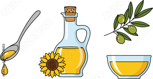 Organic vegetable oil and olive set with glass bottle, sunflower, green olives branch, oil bowl and spoon vector illustration isolated on white background.