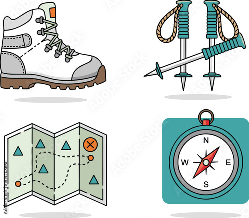 Set of Outdoor Adventure Icons Featuring Grey Hiking Boot Trekking Poles Paper Topographic Map and Compass Navigation Equipment Isolated on White Background for Travel Design