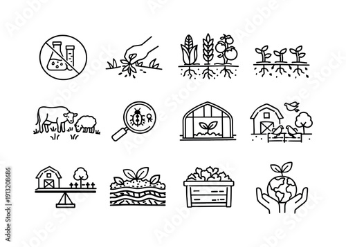 Natural Farm Practices. Line icon set of Natural Farm Practices: no chemical icon, hand weeding, crop diversity, cover crop icon, livestock
