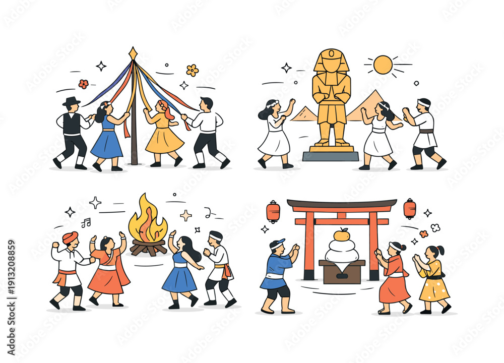 Naklejka premium Significant historical cultural festivals and celebrations. People dancing in simple rhythmic movements around a central symbolic object. The