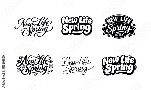 New life spring. Set lettering. harmonious lettering variations of the same emblematic concept, each with different artistic interpretation