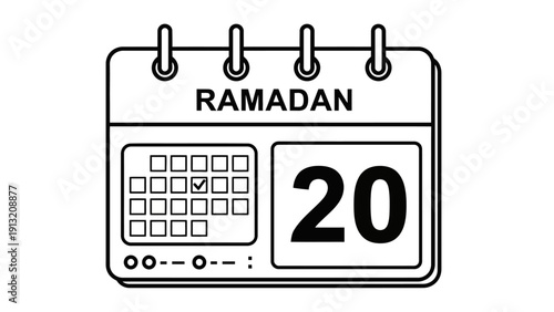Calendar page illustrating the twentieth day of Ramadan depicted in a simple line art style