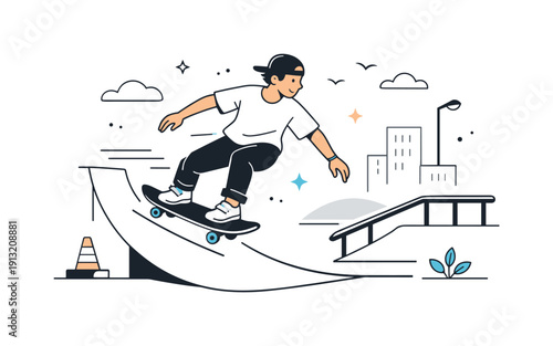 Urban skateboarding scene. A skateboarder riding smoothly across ramps in a city skate park, dynamic posture and motion lines showing