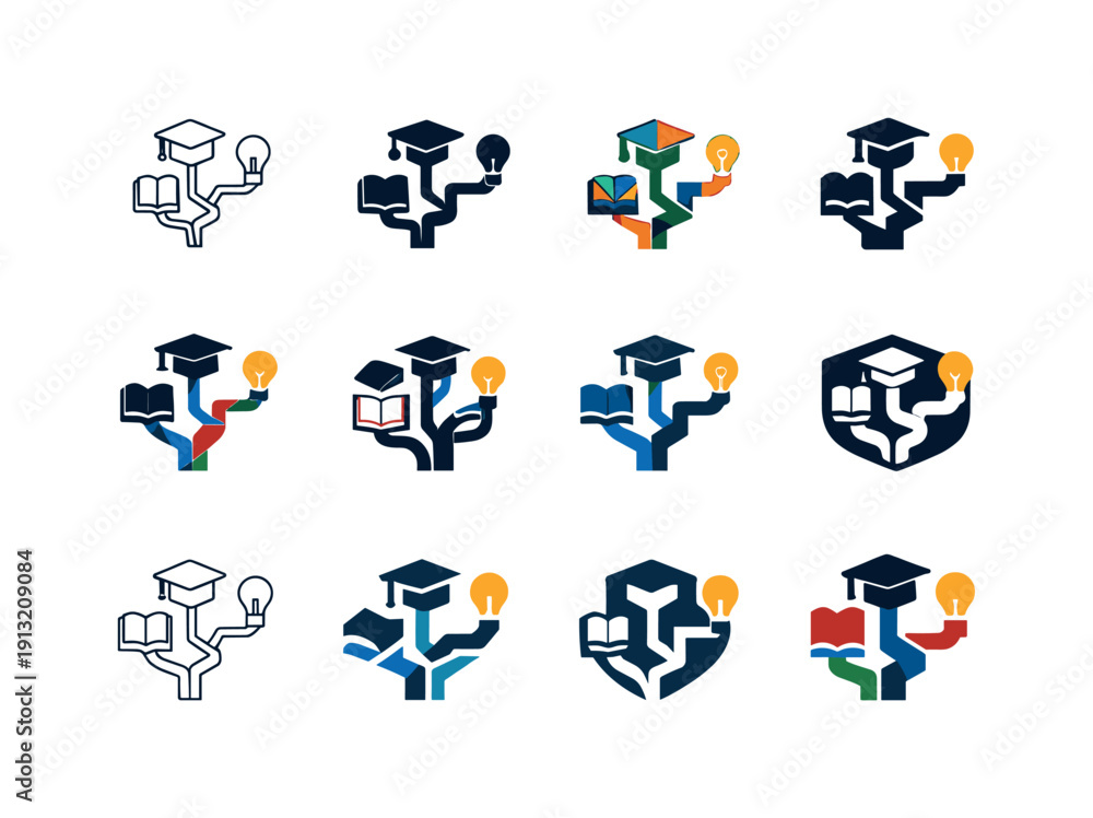 Fototapeta premium Personalized Learning Icons. Personalized learning paths. Icon set. Set Logo of Personalized learning paths: branching roadmap with education