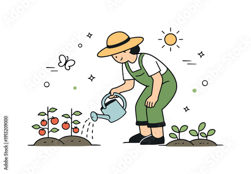 Straw hat summer gardening. A person in a straw hat watering plants in a small garden under sunlight. The scene expresses calm care, nature,