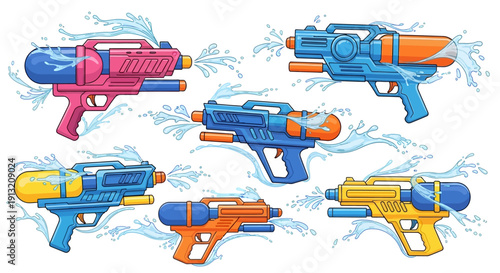 Vibrant collection of water guns ready for summer fun and playful splashing.