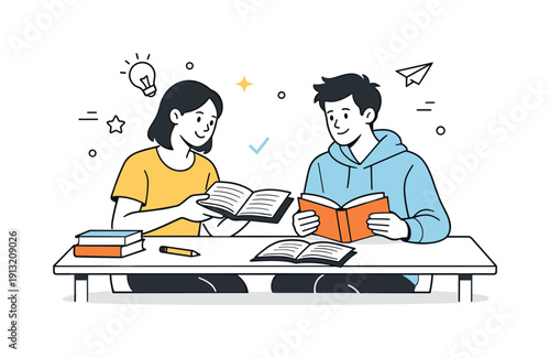 Sharing study materials. Two people exchange books or compare notes at a simple table. The scene shows collaboration, learning together, and