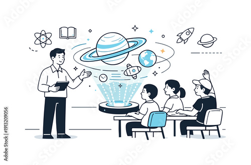 Futuristic Classroom Hologram. Hologram education scene. A teacher presenting a holographic model to students. Engaging learning, future-ready classroom and
