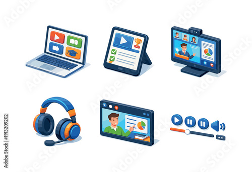 Digital learning tools. Isometric flat vector icons set of Digital learning tools: laptop with large icons interface, tablet learning app,