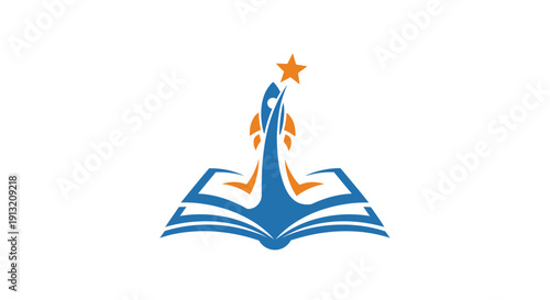 Symbol of knowledge and achievement with an open book and a rising star.