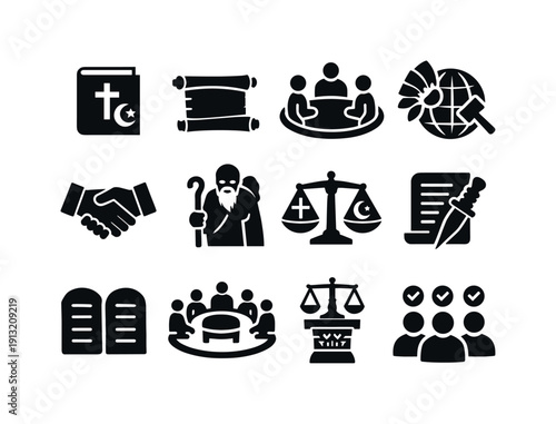 Religious and Customary Law. Solid icon set of Religious and Customary Law: religious law book, tradition scroll, community council, cultural