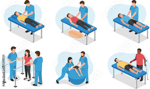 Set of Isometric Physical Therapy and Rehabilitation Scenes Featuring Physiotherapists Assisting Patients with Exercises Massage Parallel Bars and Fitness Ball for Medical Health Design