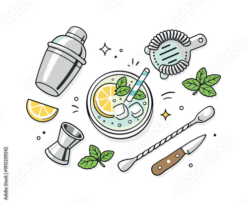 Cocktail flat lay summer. Top view of a drink with lemon, mint leaves, and simple bar tools. Calm holiday mood, clean and