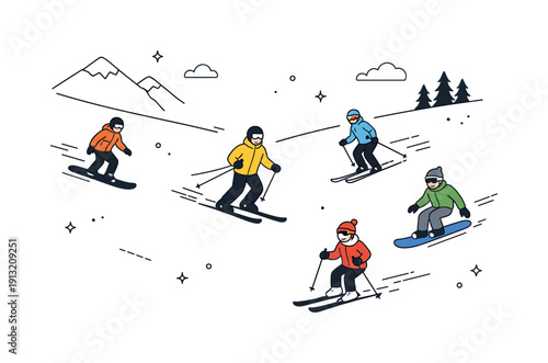 Winter mountain slope. Several skiers and snowboarders descending a wide slope, calm sporty atmosphere. Editorial lifestyle scene about