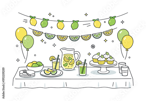 Lemon and lime-themed party decorations. A festive table setup with lemon and lime garlands, balloons, and simple tableware. The scene feels