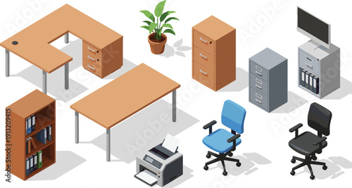 Set of Isometric Office Furniture and Equipment Featuring Desks Chairs File Cabinets Printer Bookshelf and Potted Plant Isolated on White Background for Workspace Interior Design