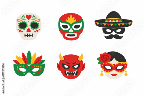 A vibrant collection of colorful masks and symbols for Dia de los Muertos celebrations