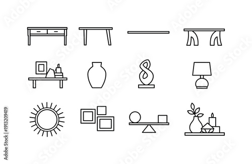 Interior accent furniture. Line icon set of Interior accent furniture: console table front view, table side view, narrow tabletop, sculptural