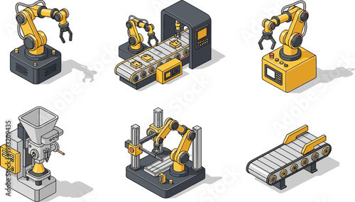Set of Isometric Industrial Robotic Arms and Automated Conveyor Belts for Smart Factory Manufacturing Assembly Line Production Systems Isolated on White Background for Industry Design
