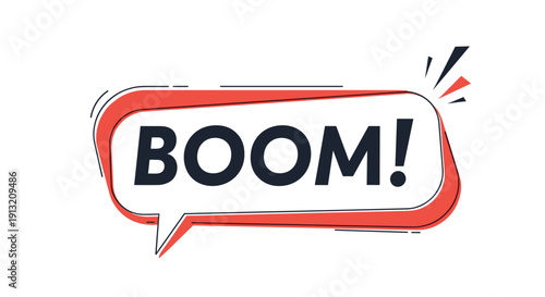 Boom comic speech bubble with red and black accents and motion lines representing an explosion sound in a pop art style.