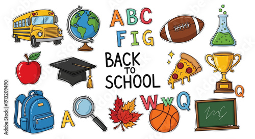 Vibrant collection of colorful school supplies and educational icons, celebrating the joy of learning and back to school season.