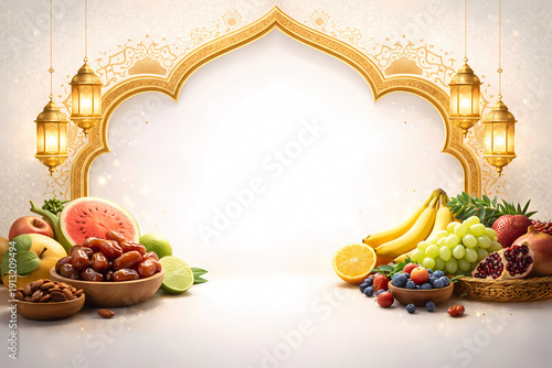 Ramadan Kareem Background with Golden Islamic Arch and Fresh Iftar Fruits