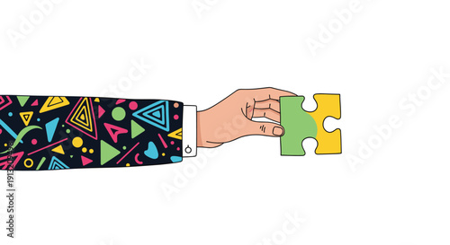Hand in a patterned sleeve holding a two colored jigsaw puzzle piece to represent solving a problem or completing a task.