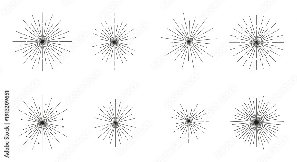 Obraz premium Collection of eight black starburst and sunburst icons with radiating lines of varying density and thickness on white.