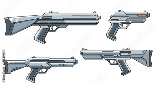 Collection of four futuristic sci-fi gun designs in silver and grey tones with realistic shadows and sleek details.