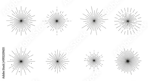 Collection of eight black starburst and sunburst icons with radiating lines of varying density and thickness on white.