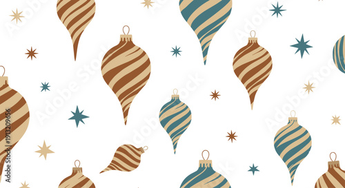 Christmas pattern featuring various ornament baubles in brown and teal colors with golden stars on a white background.
