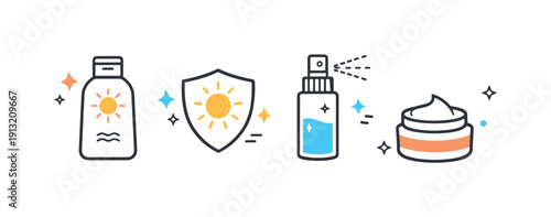 Summer skincare minimal icons. Simplified icons of lotion bottle, sun shield, face mist, and cream jar arranged evenly. The illustration