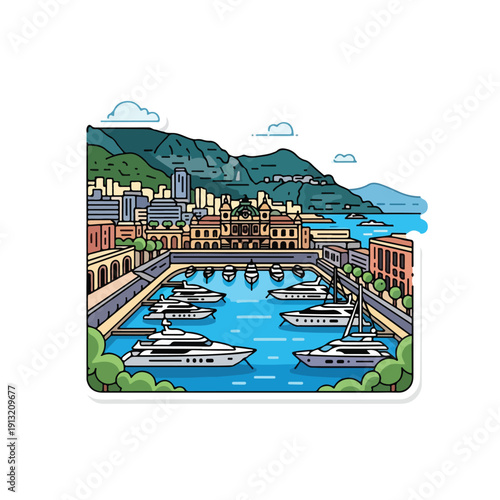 Cityscape illustration of a marina with boats docked in the harbor surrounded by mountains