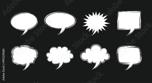 Large set of white hand drawn speech bubbles with rough edges shown on a dark black background for a blackboard effect.