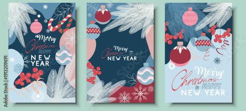 Winter Christmas and New Year greeting cards background, banner, flyer big set. Happy Holidays december posters, Template for advertising, web, social media, web frame typography design