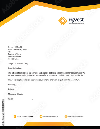 reative corporate letterhead A4 size design template. Clean and modern business stationery layout with professional typography, header and footer elements, and ample white space. Print-ready vector fo