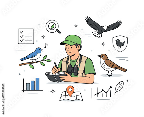 Birdwatching and conservation. A birdwatcher recording observations in a notebook while birds appear nearby, symbolizing research and