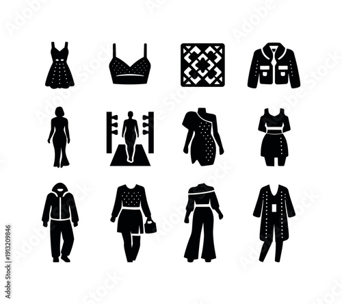 Modern crochet fashion. Solid icon set of modern crochet fashion: contemporary crochet dress, minimalist crochet top, geometric crochet